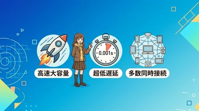 5Gの3大特徴:高速・低遅延・多接続のイメージ