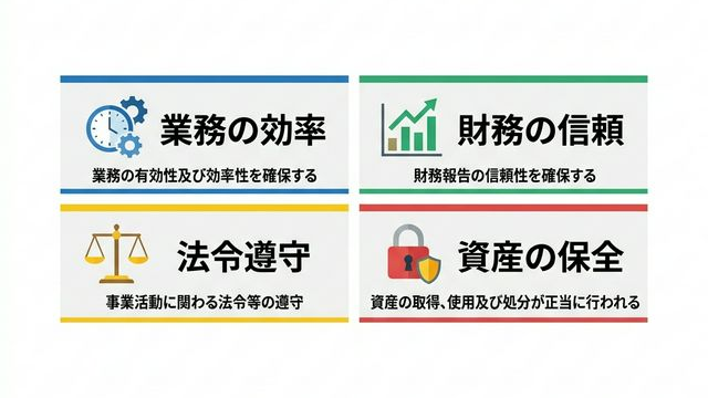 内部統制の4つの目的:業務の有効性・効率性、財務報告の信頼性、法令遵守、資産の保全