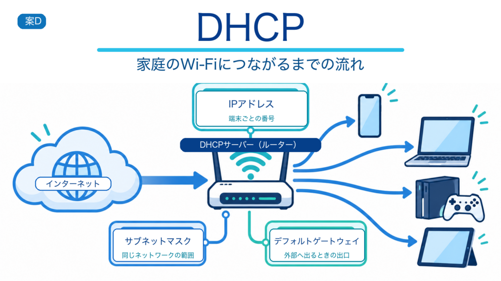 DHCPサーバーであるルーターが、IPアドレス、サブネットマスク、デフォルトゲートウェイを端末へ自動配布する流れを示すITパスポート学習用アイキャッチ