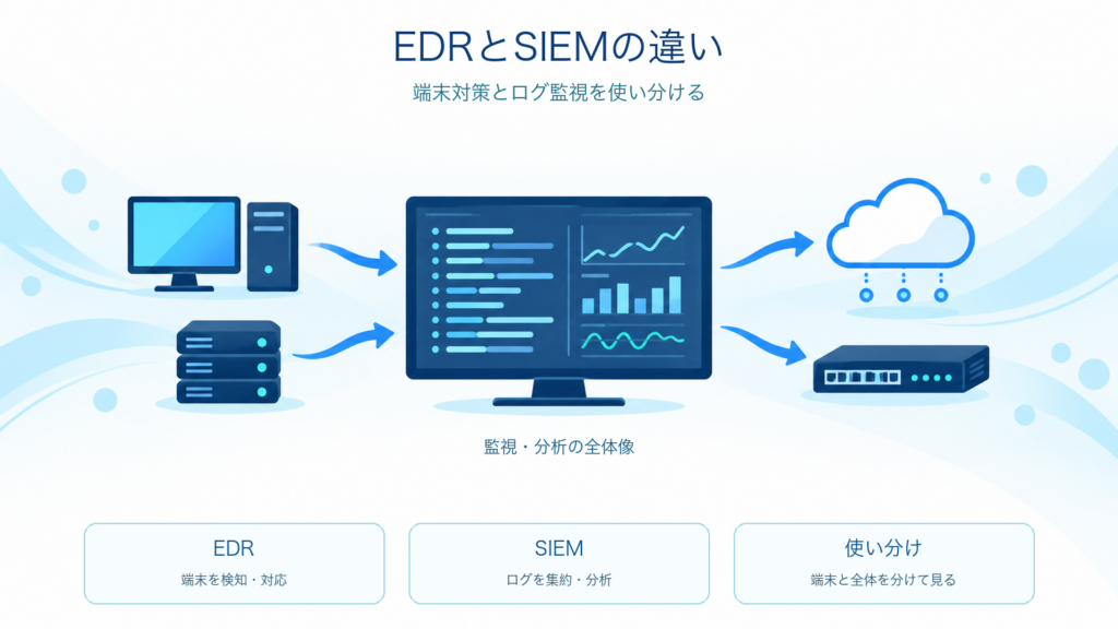 EDRとSIEMの違いを示す、端末対策とログ監視の学習図解