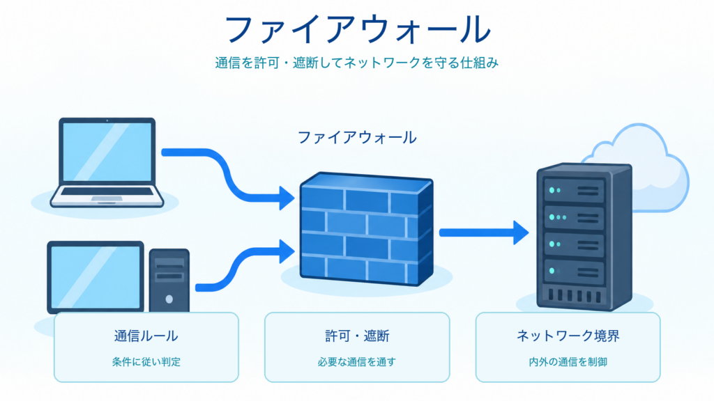 ファイアウォールが端末と外部サーバーの間で通信を許可・遮断する仕組みを示すITパスポート学習用アイキャッチ