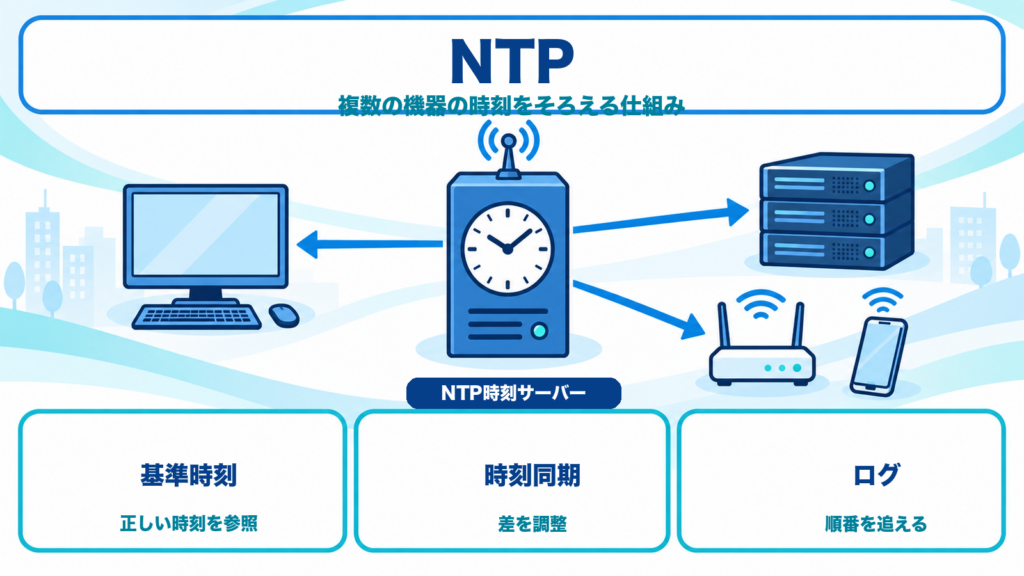 NTP時刻サーバーがPC、ラックサーバー、Wi-Fiルーターとスマートフォンへ時刻同期を行う仕組みを示すITパスポート学習用アイキャッチ