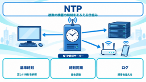 NTP時刻サーバーがPC、ラックサーバー、Wi-Fiルーターとスマートフォンへ時刻同期を行う仕組みを示すITパスポート学習用アイキャッチ