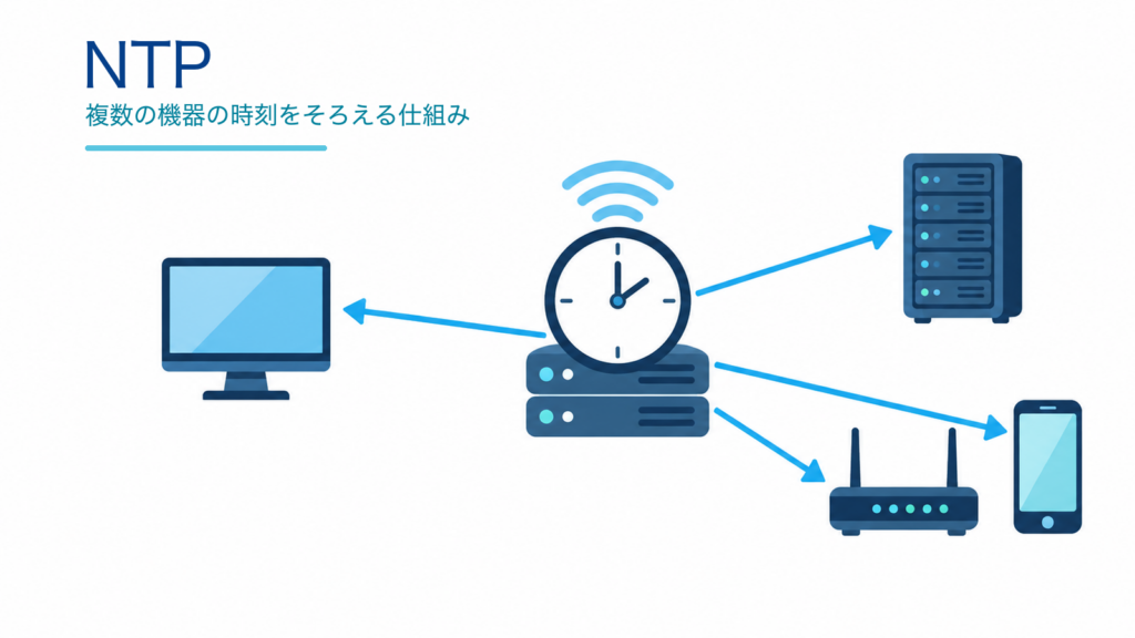 NTP時刻サーバーがPC、サーバー、Wi-Fiルーター、スマートフォンへ正しい時刻を同期する仕組みを示すITパスポート学習用アイキャッチ