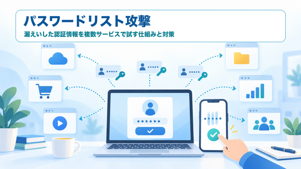 パスワードリスト攻撃で漏えい認証情報を複数サービスへ試し、追加認証で守る仕組みを示すITパスポート学習用アイキャッチ
