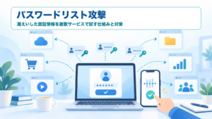 パスワードリスト攻撃で漏えい認証情報を複数サービスへ試し、追加認証で守る仕組みを示すITパスポート学習用アイキャッチ