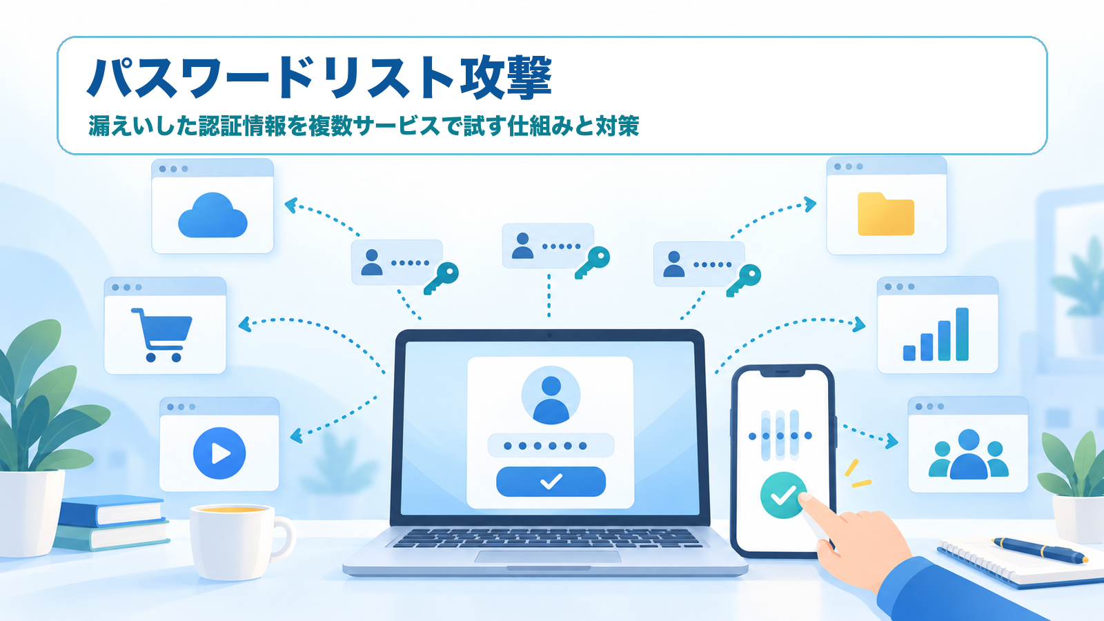 パスワードリスト攻撃で漏えい認証情報を複数サービスへ試し、追加認証で守る仕組みを示すITパスポート学習用アイキャッチ