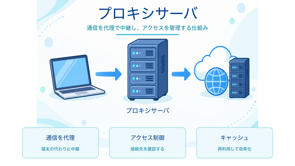 プロキシサーバが端末と外部サーバーの間で通信を代理・中継する仕組みを示すITパスポート学習用アイキャッチ