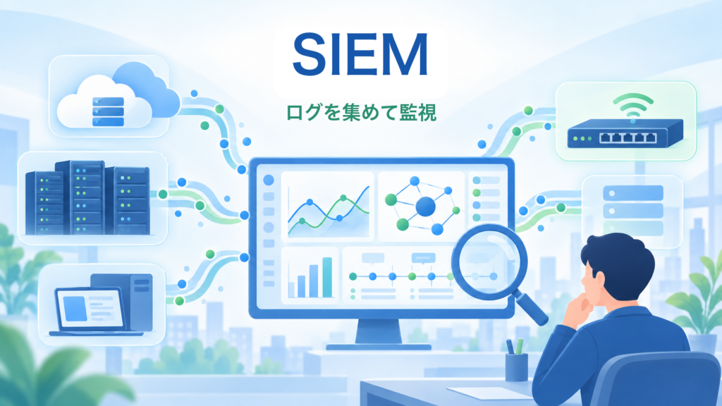 SIEM：ログを集めて監視する仕組みを示すITパスポート合格ナビのアイキャッチ