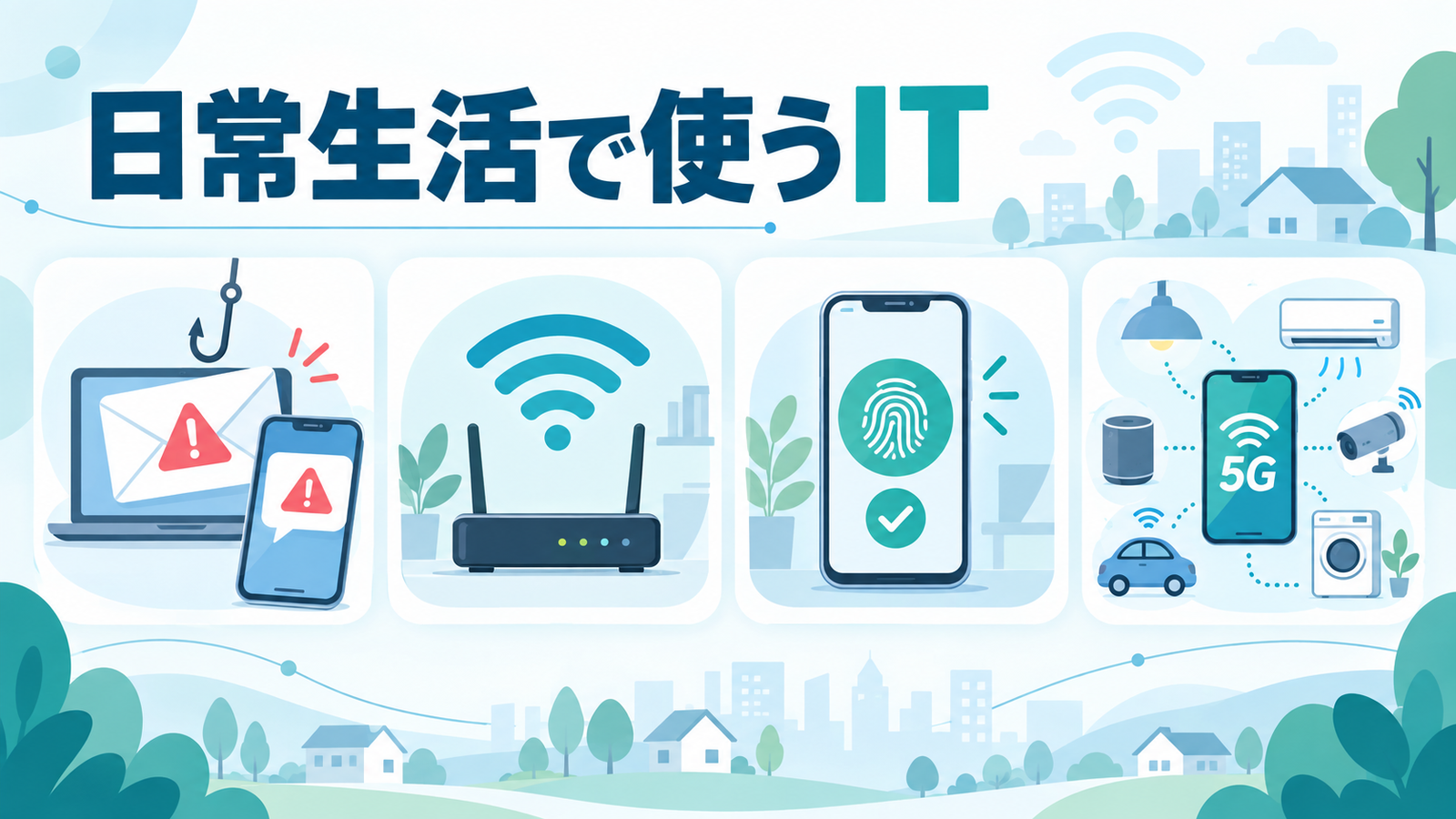 日常生活で使うITを怪しい通知、Wi-Fi、スマホ認証、IoTの場面別に整理した図解