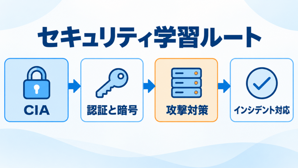 セキュリティをCIA、認証と暗号、攻撃対策、インシデント対応の順で整理した図解