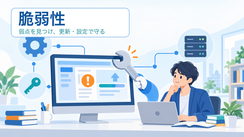 脆弱性の弱点を見つけ、更新と設定で守る流れを示すITパスポート学習用アイキャッチ