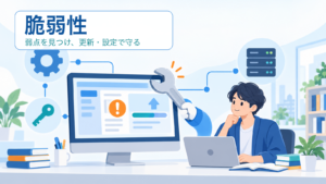 脆弱性の弱点を見つけ、更新と設定で守る流れを示すITパスポート学習用アイキャッチ