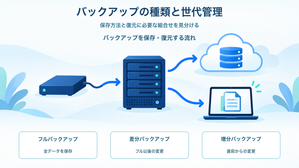 バックアップの種類と世代管理を、フル・差分・増分の違いと保存・復元の流れで整理したITパスポート学習用アイキャッチ