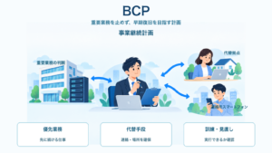 BCPを、優先業務・代替手段・訓練と見直し、代替拠点と連絡用スマートフォンの流れで示したITパスポート学習用アイキャッチ