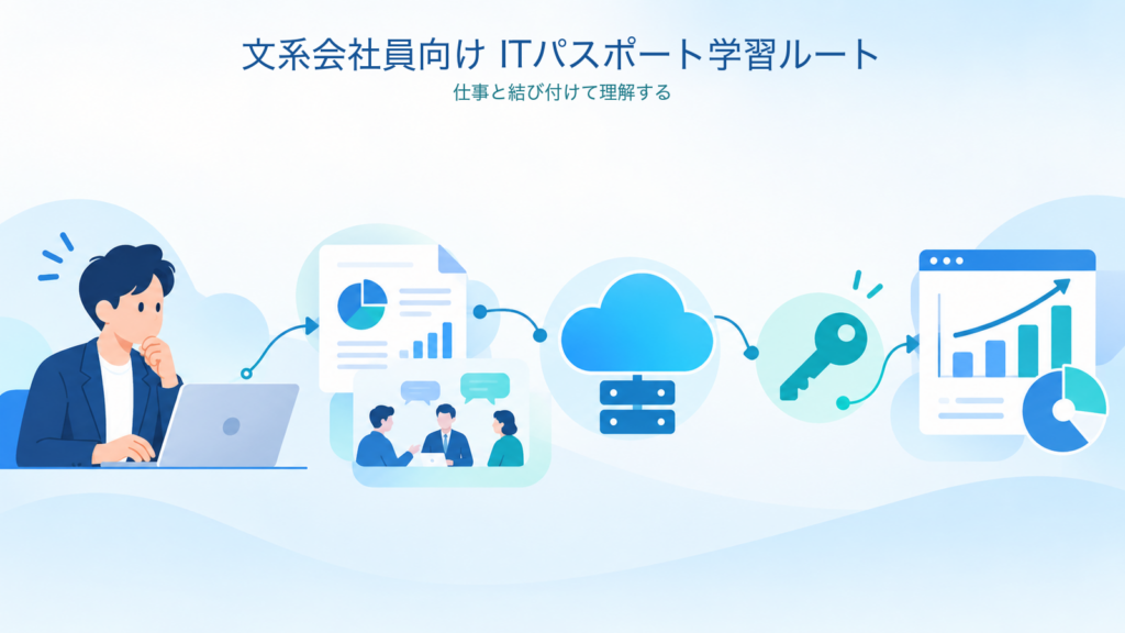 文系会社員向けITパスポート学習ルートの業務理解を示す図解