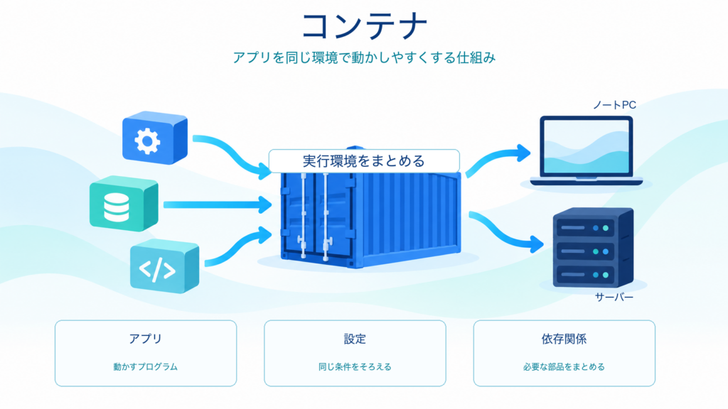 コンテナがアプリと設定をまとめ、ノートPCとサーバーで同じ環境を動かしやすくする仕組みを示すITパスポート学習用アイキャッチ