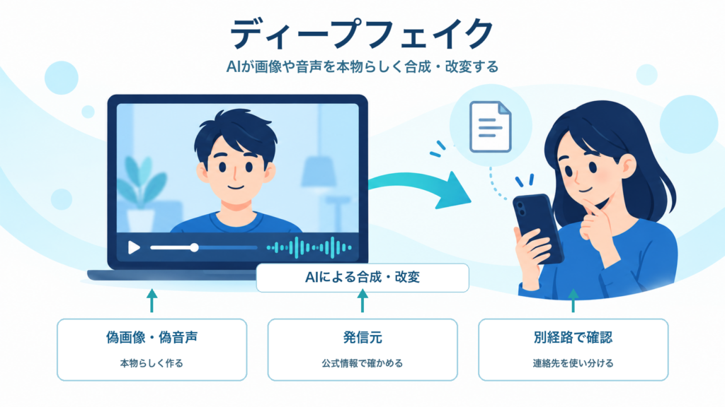 ディープフェイクでAIが画像や音声を本物らしく合成・改変し、発信元を別経路で確認する仕組みを示すITパスポート学習用アイキャッチ