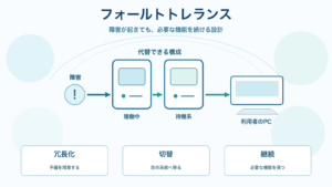 フォールトトレランスを、障害・稼働中と待機系のサーバー・利用者PC・冗長化と切替と継続で整理したITパスポート学習用アイキャッチ