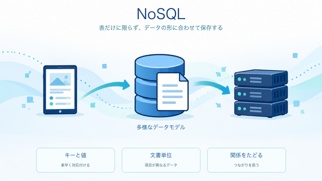 NoSQLで多様なデータモデルを扱う仕組みを示す学習図解