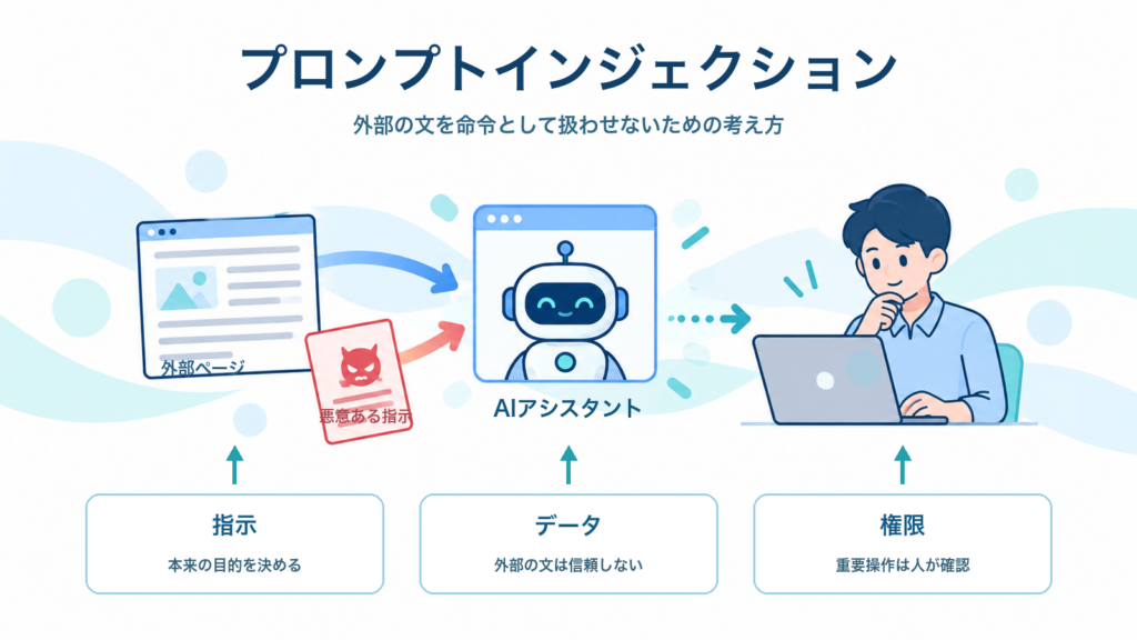 プロンプトインジェクションで外部の指示をAIが扱わないための仕組みを示すITパスポート学習用アイキャッチ