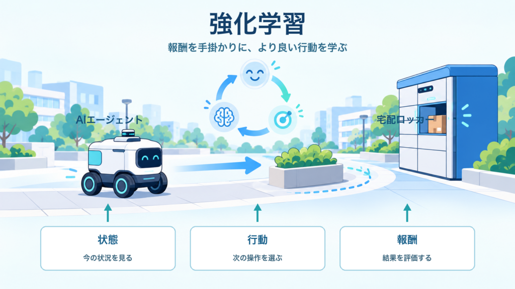 強化学習でAIエージェントが報酬を手掛かりに行動を学び、宅配ロッカーへ到達する仕組みを示すITパスポート学習用アイキャッチ