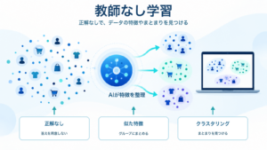 教師なし学習で正解なしのデータから特徴を整理し、クラスタリングでまとまりを見つける仕組みを示すITパスポート学習用アイキャッチ